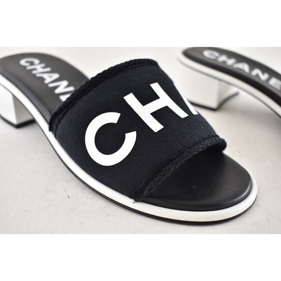 Chanel 24C Black White CHA NEL Letter Logo Mule Slide Block Heel Sandal 38.5 - Picture 6 of 15